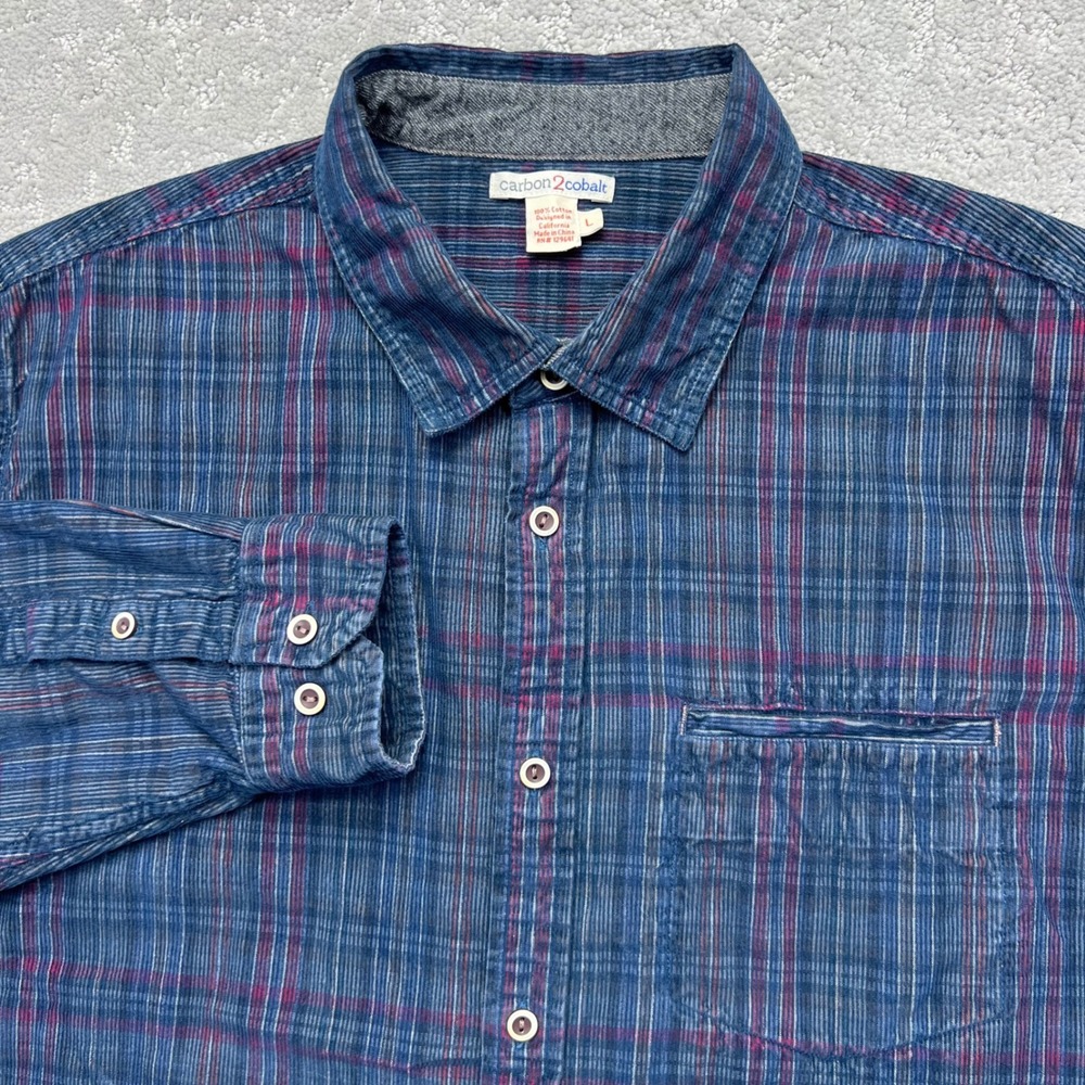 Carbon2Cobalt Shirt Mens Large Blue Plaid Corduroy Long‎ Sleeve Button Down